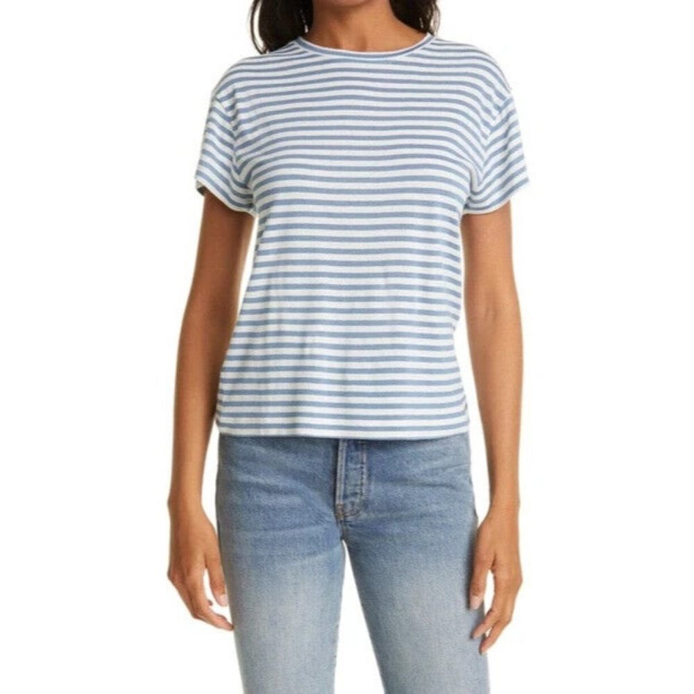 Vince Women's Large Steel Blue Bone White Stripe T-Shirt Silk Blend Tee Crew Top